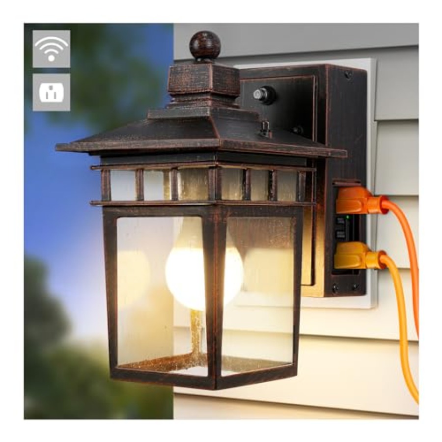 Outdoor Lighting Dusk To Dawn - ไฟส่องสว่างภายนอกพร้อมเต้ารับ GFCI, ไฟระเบียงภายนอกแบบเปิด-ปิดอัตโนมัติ, โคมไฟติดผนังภายนอกแบบกันน้ำ, โคมไฟติดผนังอะลูมิเนียม