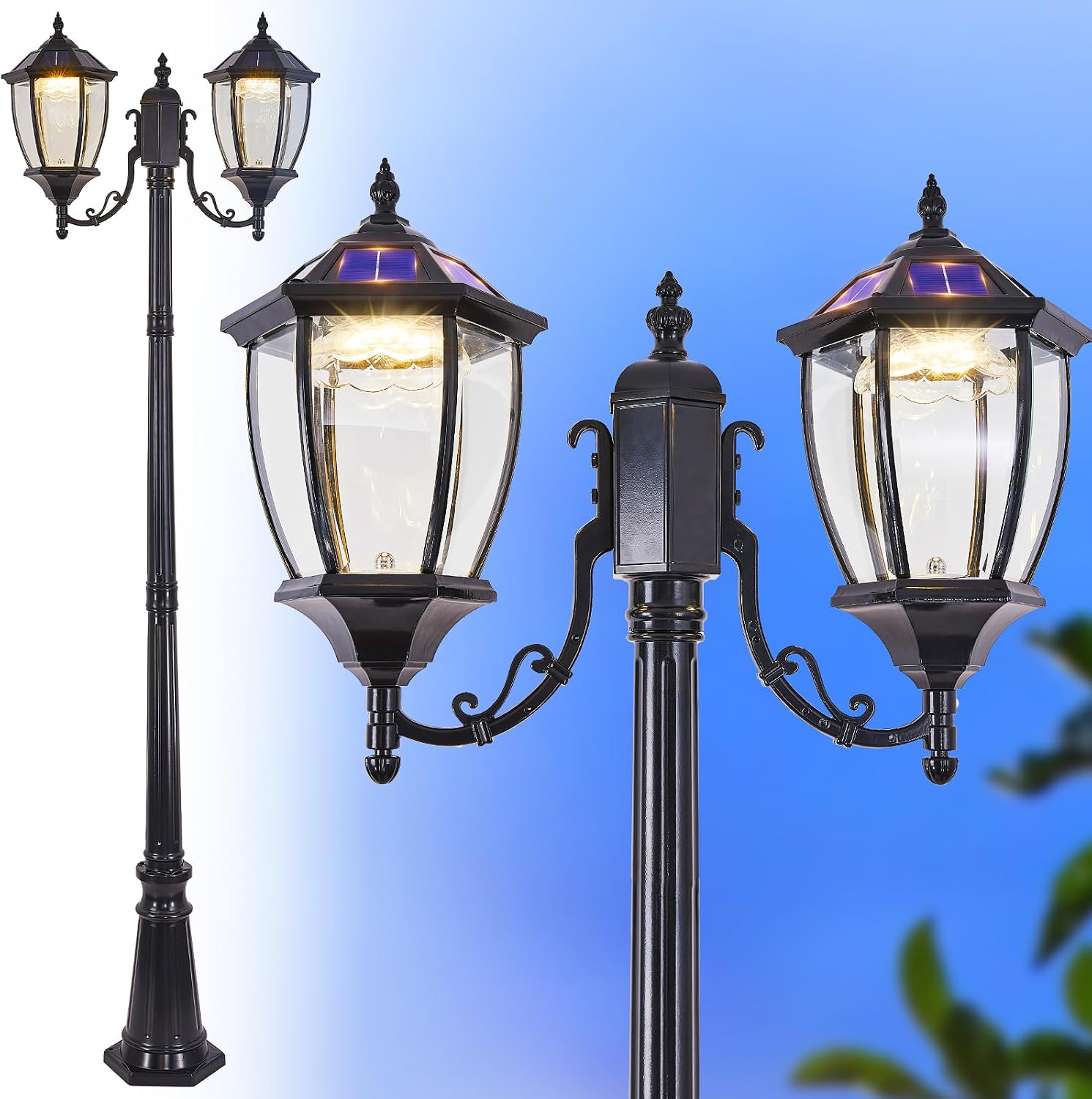 Outdoor Lighting Dusk To Dawn - โคมไฟเสาพลังงานแสงอาทิตย์สำหรับกลางแจ้ง พร้อมเซ็นเซอร์เปิด-ปิดอัตโนมัติ กันน้ำ เหมาะสำหรับสวน ลาน ทางเดิน