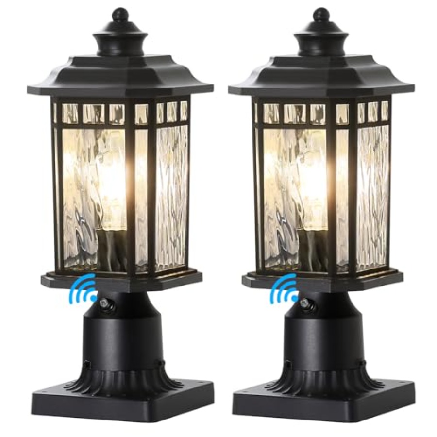 Outdoor Lighting Dusk To Dawn - ไฟเสาภายนอก 2 ชุด, โคมไฟเสาภายนอกแบบติดตั้งตั้งแต่พลบค่ำถึงรุ่งเช้า พร้อมฐานติดตั้ง, โคมไฟเสาอะลูมิเนียมกันน้ำ