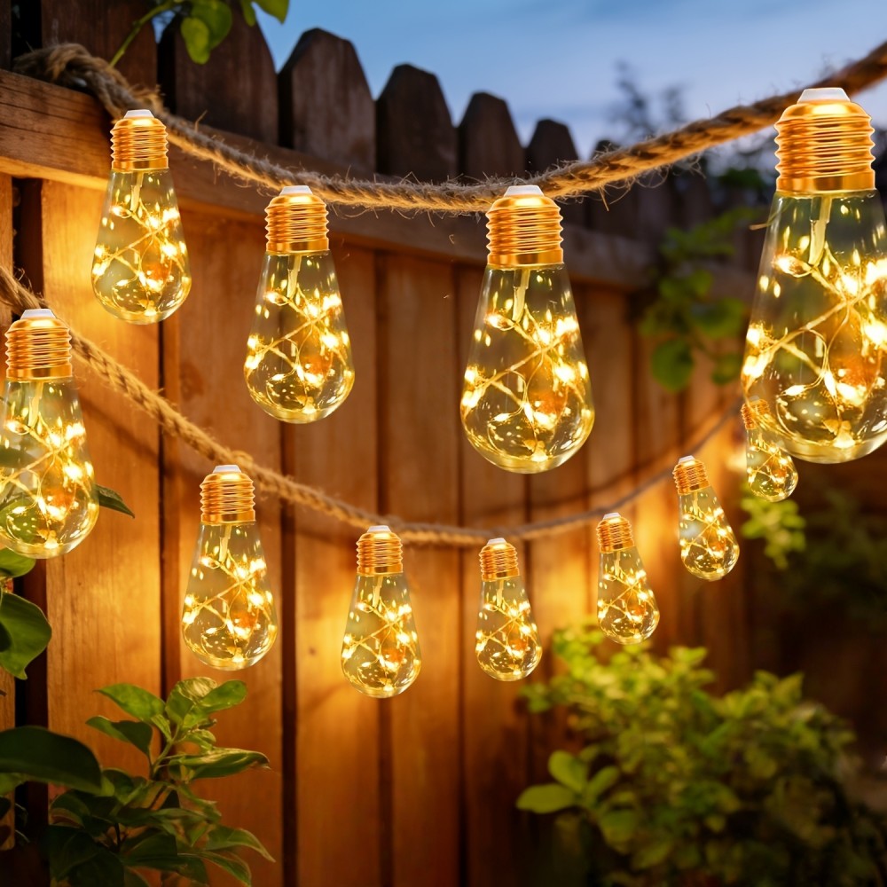 Outdoor Lighting For Fence - ไฟโซลาร์กลางแจ้ง 10/20LED แบบสายไฟ, หลอดไฟกันน้ำแบบแขวน สายไฟเชือกป่านสไตล์เรโทร สำหรับตั้งแคมป์