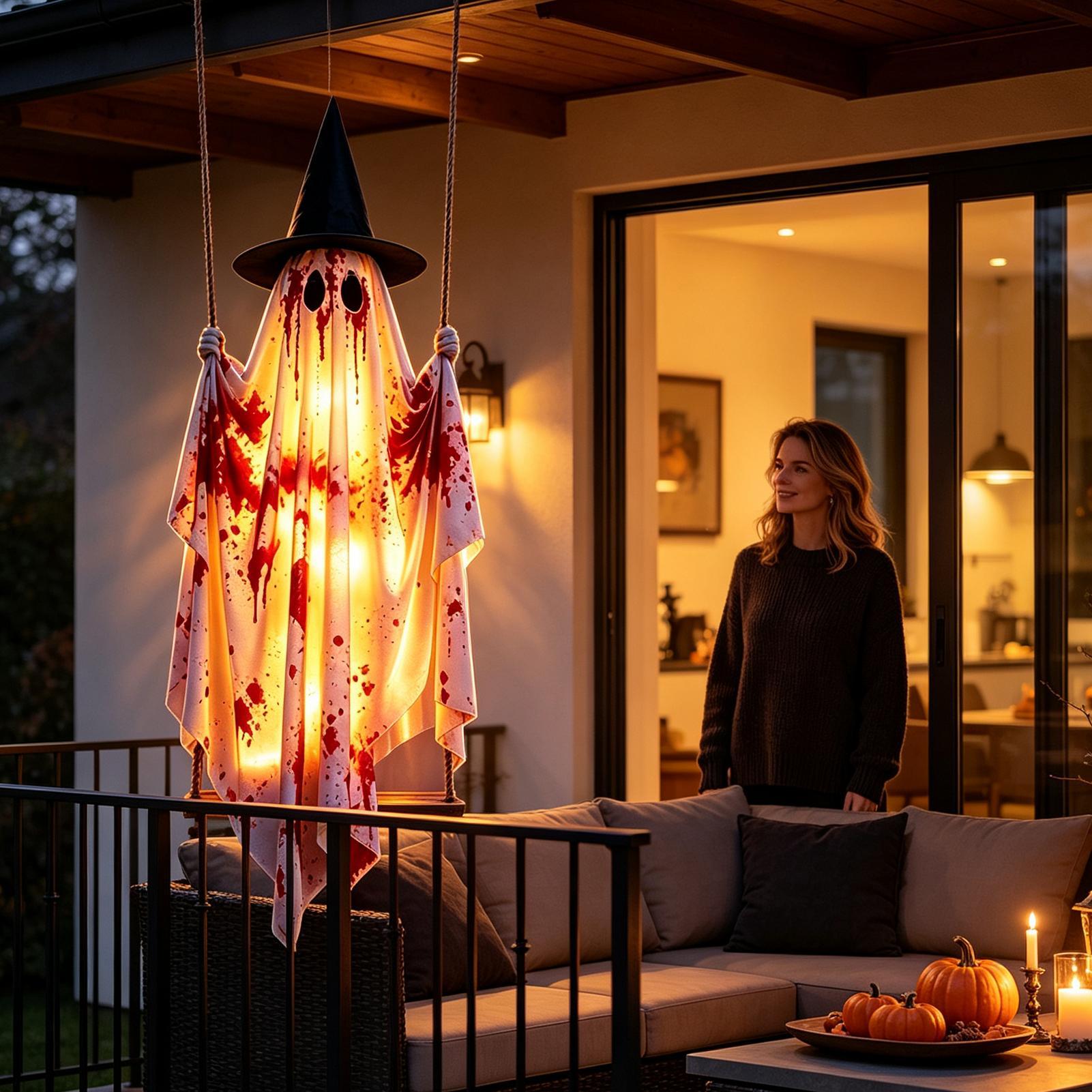 Outdoor Lighting Remote Control - ผีฮาโลวีนสำหรับตกแต่งกลางแจ้งพร้อมไฟสายควบคุมด้วยรีโมท ของตกแต่งผีแบบแขวนได้สำหรับสวน ระเบียง ลานบ้าน และต้นไม้
